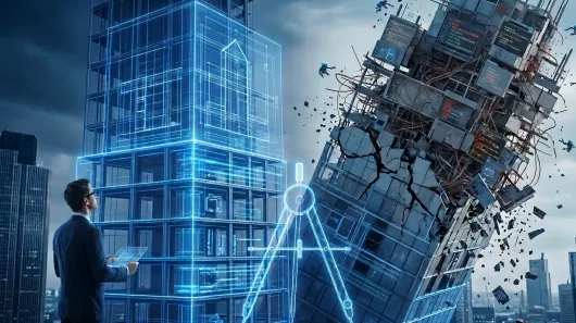 Image depicting a vibe coded tower block collapsing vs an intact well structured building